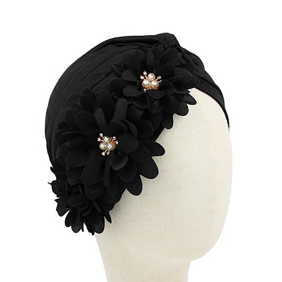 Black Flower Pearl Accented Turban Hat - Picture 2 of 2